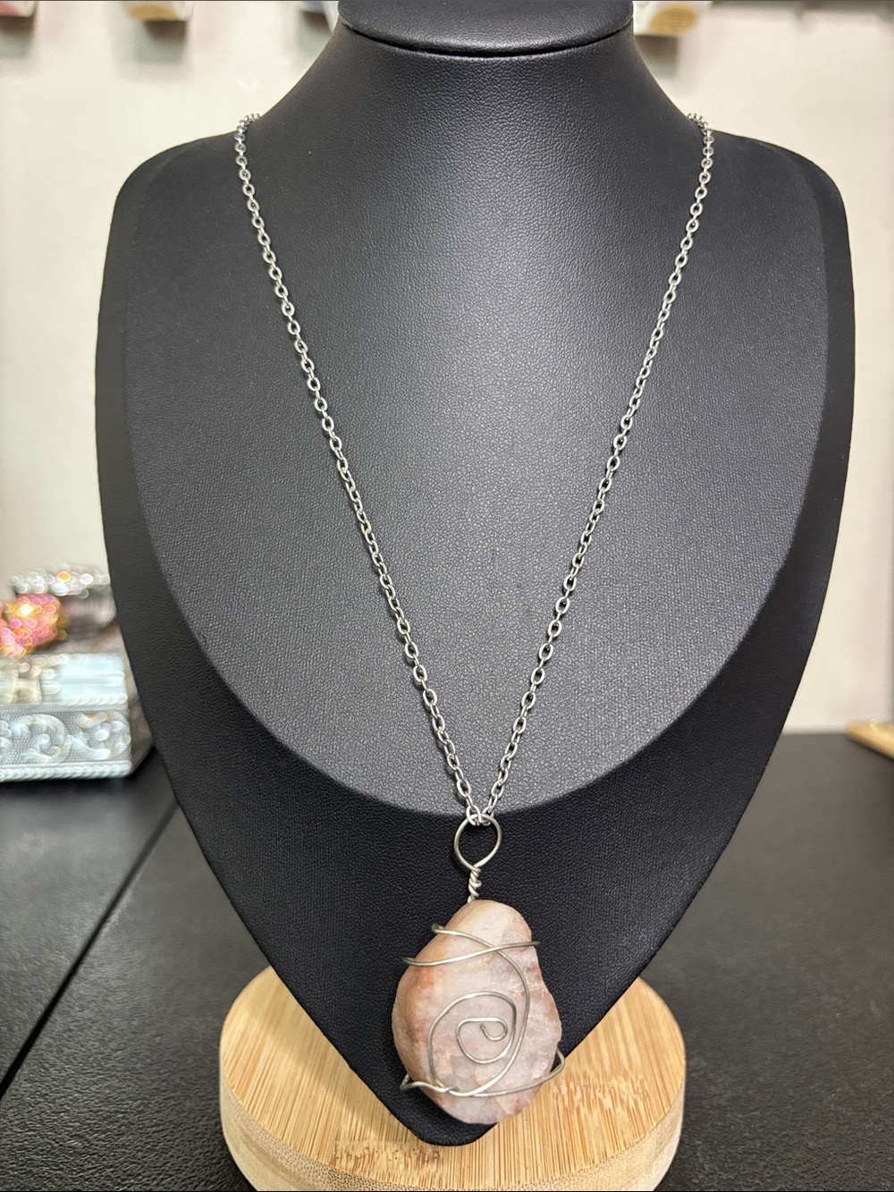 Handcrafted Pink Stone Pendant Necklace with Silver Wire Wrap